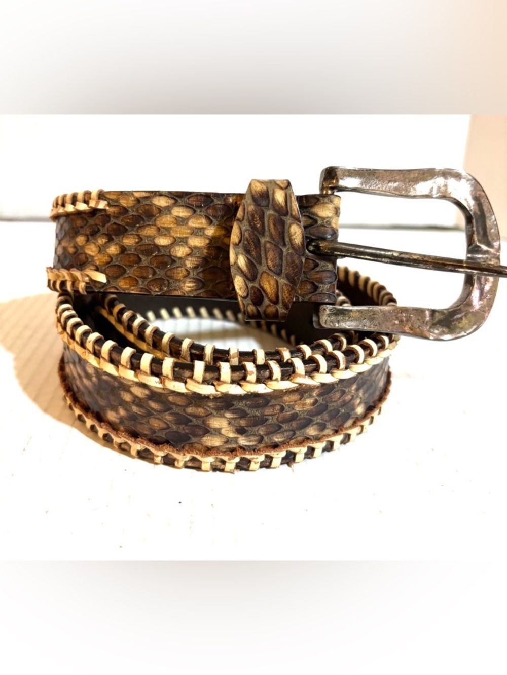 Men's unisex Brown snake skin leather Leather Belt with Contrast Stitching
